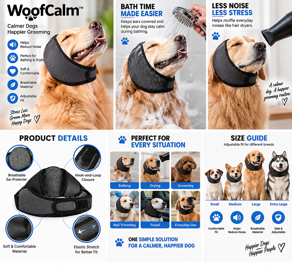 WoofCalm™ Calming Dog Ear Cover – Grooming, Bathing & Drying Hood