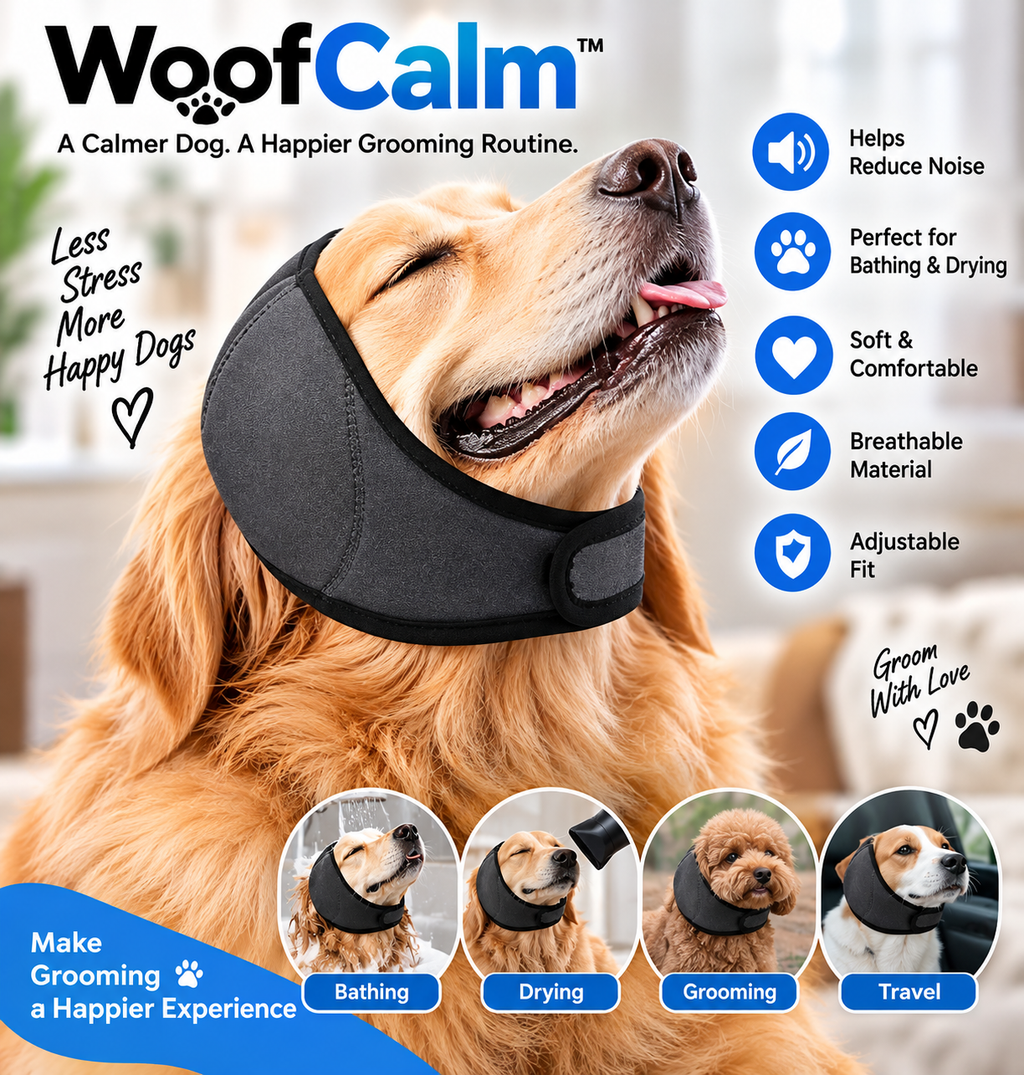 WoofCalm™ Calming Dog Ear Cover – Grooming, Bathing & Drying Hood